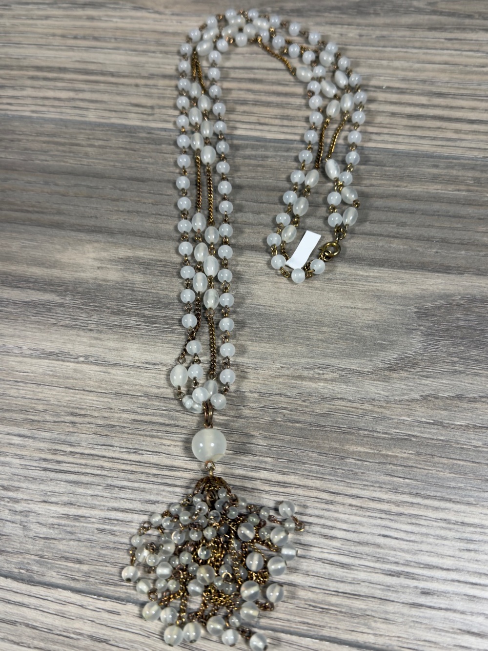Multi-Strand White Beaded Tassel Necklace
